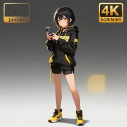 a vtuber model concept art of a beautiful girl in a black and yellow hoodie typing in an iphone, full body art, artstation, digital art, smiling face, commission art, style by jordan grimmer and greg rutkowski, 4 k resolution