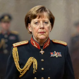 oil painting portrait of dictator angela merkel in her military parade uniform, dictator, authoritarian, nationalist, epic, oil painting by rembrandt