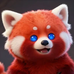 league of legends concept art cute animatronic red panda with glowing blue eyes, grinning, art by charles liu, head close - up shot, fantasy style, soft lighting, vibrant color scheme, perfect angle, head frontview shot, ultra detailed, hyperrealism, empty background, volumetric lighting, octane render, commission art, 8 k wallpaper