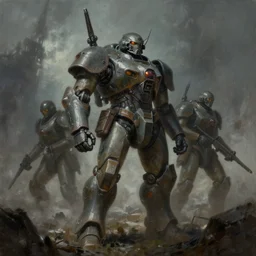 \'WW2 American War Mecha\', a moody sci-fi painting by greg rutkowski and JUAN PABLO ROLDAN, trending on artstation