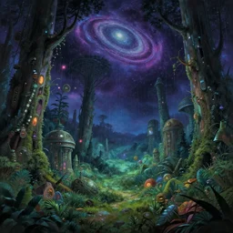 reclaimed by nature by john constable, crystal steampunk apocalyptic sci - fi at night studio ghibli poppy biopunk cosmic retrowave fantasy galactic rainforest vaporwave nightsky, archdaily, wallpaper, highly detailed, trending on artstation.