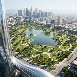 view from a building of futuristic los angeles with parks and lakes, humongous glass buildings, sunset, hyperdetailed, artstation, cgsociety, 8 k