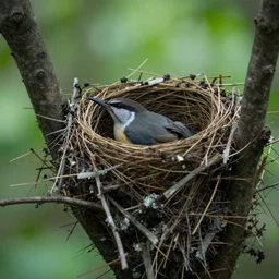 a photo of a bird's nest in a forest taken with a telephoto lens