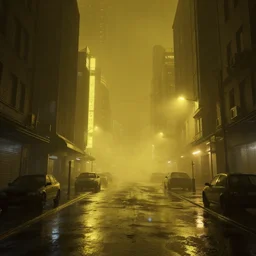 wet cyberpunk streets at night with thick yellow smog, matte painting, concept art by Greg Rutkowski, hyperdetailed, hyperrealistic, cinematic lights, octane render, trending on artstation, artstationHD, artstationHQ, unreal engine, 8k