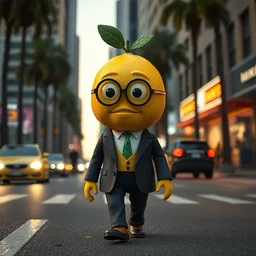 a lemon wearing a suit walking down the streets of los angeles, nendoroid, in the croods movie style, anime, disney, pixar, 8 k, hd, dof, kodak film, volumetric lighting, subsurface scattering, photorealistic, octane render, details