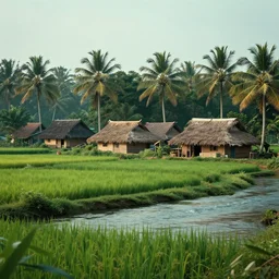 a cinematic landscape of a kerala village, paddy fields and river flowing, thatched houses and coconut trees, 11mm lens, cinematic, dreamy, volumetric lighting