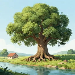 giant tree with giant roots next to a river with a small house and waterwheel built into the bottom of the tree, from a fantasy point and click 2 d graphic adventure game, art inspired by john shroades, king's quest, sierra entertainment games, colorful landscape painting