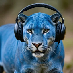 a high quality photo of a blue panther wearing headphones, realism, 8k