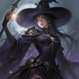 extreme low angle of a female witch, fantasy, intricate, sharp focus, lens flare, bloom, illustration, highly detailed, digital painting, concept art, matte, art by ruan jia and wlop and greg rutkowski, masterpiece