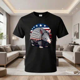 a 3d design of a black t-shirt, armadillo patriot potus, modern art placed in a large living room, superrealism 3d 8k resolution