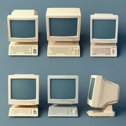 old computer top view, front view and side view