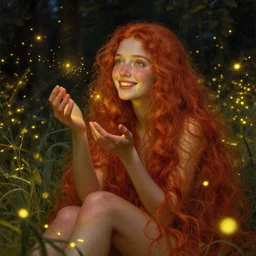 infp girl, smiling, amazed by the lights of golden fireflies, sitting in the midst of nature fully covered, long loose red hair, intricate linework, dreamy green eyes, small nose with freckles, oval shape face, realistic, expressive emotions, dramatic lights, spiritual scene, hyper realistic ultrafine art by carlo saraceni, albert bierstadt and artgerm