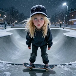 blonde skatergirl with fringe hair in baseball cap in the skatepark during winter blizzard night. wide eyes, highly detailed, cinematicm dramatic lighting, fully body shot, smooth concept art, airbrush, by artgerm and greg rutkowski and alphonse mucha and simon stalenhag artstation