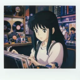 a full body polaroid portrait of a 1 9 8 0's disney girl working at a vinyl stall ( eyes turned to the side ), finely detailed features, closeup at the faces, perfect art, busy cyberpunk city, gapmoe yandere grimdark, trending on pixiv fanbox, painted by ilya kushinov makoto shinkai takashi takeuchi studio ghibli, akihiko yoshida,