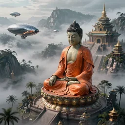 sci fi cinematic establishing shot of a single sitting buddha statue with an intricated orange robe in the style of tim white, high detail digital painting of a buddhist temple on a misty high mountain, detailed reflections, high detailed valley with palm trees, high camera angle, mystic atmosphere, a detailed metallic temple on a misty mountain, shiny metallic airships with reflections, volumetric fog, perspective painting, atmospheric