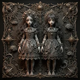 creepy twins:: by Martine Johanna and Simon Stålenhag and Chie Yoshii and Casey Weldon and Guillermo del toro :: ornate, dynamic, particulate, intricate, elegant, highly detailed, centered, artstation, smooth, sharp focus, octane render, 3d