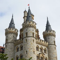 tall fantasy celtic castle, 4 tall towers, photorealistic, hyper detailed, hohenzollern castle, close up