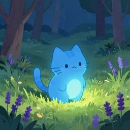 illustration of a glowing cute blue cat in grassy field with trees and lavender, concept art, art by greg rutkowski and artstation