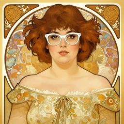 portrait of a curvy stocky romanian woman, brown hair, messy bob, brown eyes, romanian, white glasses, glasses, wide shot, digital art, alphonse mucha, loish, art nouveau, 8 k, trending on artstation