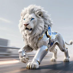portrait of a white anthropomorphic lion, cyber armor blue and gold, launching an attack!!, running to the camera!!, style like ajani goldmane, like a heroes of the storm, movie style, anime, by hajime sorayama and league of legends concept artists, cyberpunk, neon rain forest, concept art, octane render, artstation