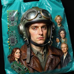 hyperrealistic detailed higher angle portrait of a character in fighter pilot helmet, background turquoise plastic bag, circuitboard, rich deep colors, ultra detail, by francis bacon, james ginn, petra courtright, jenny saville, gerhard richter, zdzisaw beksinski, takato yamamoto. masterpiece, elegant fashion studio ighting 3 5 mm
