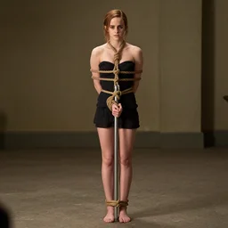 emma watson, full body and face, head to toe visible in the photo, hands tied with a metal pole via rope, damsels in distress, 4 k, hyperrealistic