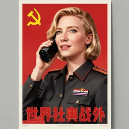soviet propaganda poster with cate blanchett calling on the world community to fight against Nazism, Ultra Detailed, high resolution, soviet realism