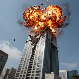 explosion on the roof and the fall of the militech skyscraper, bottom viev, cyberpunk style, ultra realistic, 4 k