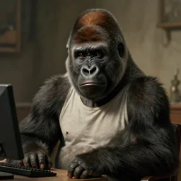 portrait painting of a young gorilla of 3 0, british, wearing a t - shirt, long hair, computer engineer, handsome, confident, full unreal render cinematic lighting art 1 9 2 0 period drama by bussiere rutkowski andreas rocha