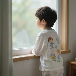 young boy wearing white fabric pajama with cartoon paintings on it infront of the window in his room and staring outside. highly detailed, digital painting, artstation, concept art, smooth and sharp focus, cg by tian zi and wlop and alphonse mucha
