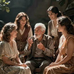 an old man is talking to his parents.