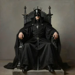 full body portrait of masked king in black gothic robes sitting on a throne of swords, elegant, highly detailed painting by gaston bussiere, craig mullins, j. c. leyendecker, 8 k, mid shot