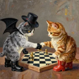 michaelangelo painting of two cats playing chess wearing boots