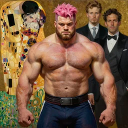 portrait of thick muscular weightlifter zarya with pink hair showing abs from overwatch by alexander mcqueen, by roberto ferri, by tom bagshaw, by j. c. leyendecker and klimt, by austin osman spare, highly detailed oil painting, very intricate, cinematic lighting, award - winning, american romanticism, artstation, cgsociety, official art, octane