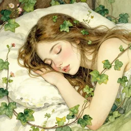 closeup face shot of sleeping woman with long hair on a bed surrounded by ivy and flowers, fantasy art, trending on artstation, sleeping beauty fairytale, art by luis royo and walter crane and kay nielsen, watercolor illustration,