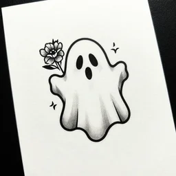 ghost spooky art, with flower, tattoo style, on white paper