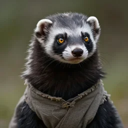 a beautiful closeup shot from a fantasy film of a humanoid black ferret with golden eyes wearing a loose tunic. an anthropomorphic ferret. joseph ducreux, greg rutkowski.