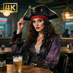 a high quality portrait of a beautiful pirate in a cyberpunk cyberpunk cyberpunk cafe, realism, 8k, award winning photo