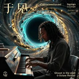 a black man with long curly hair playing the piano in front of a black hole horizon, time collapsing. dramatic, neofuturistic highly detailed, digital concept album cover art, Dimensional cyan gold natural light, sharp focus, Golden Ratio illustration, realistic concept art by Stephen Hickman and James Gurney and Hiromasa Ogura Ghost in the Shell rendered in Octane Render, From the distance