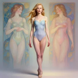 full body portrait of nicole kidman in elegant leotard portrait by artgerm and greg rutkowski and alphonse mucha, trending on artstation, cinematic light, pastel colors, volumetric shading, high radiosity dull skin, global illumination, radiant light, soft light, soft color dodge, subsurface scattering