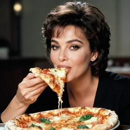 professional studio photo of sophia loren eating!!! a pizza! margherita, closeup, portrait photo, diffuse light, muted colors, 5 0 mm, bokeh, acclaimed masterpiece