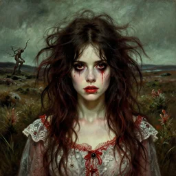 a beautiful but sinister girl who looks like a young shirley henderson in dead space, with haunted eyes and crazy hair, eerie moorlands behind her, horrifying, 1 9 7 0 s, seventies, delicate embellishments, a little blood, crimson, painterly, offset printing technique, by jules bastien - lepage and mary jane ansell