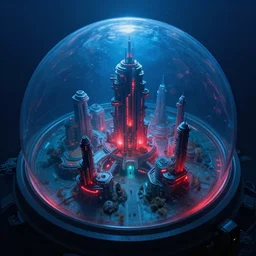 underwater metropolis in a glass dome, from above, volumetric lighting, deep sea, blue and red light, scifi, artstation, futuristic, artstation, chris foss, raphael lacoste, andreas rocha, john harris