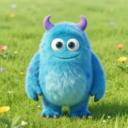 dipsy as a monster a field with grass and some flowers, realistic
