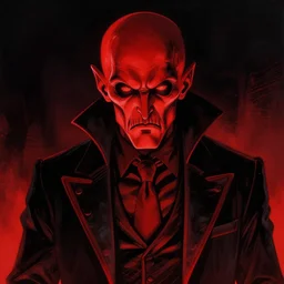 dr evil, in the style of beksinski, red, black, glowing, vibrant, chiaroscuro, high detail, perfect artwork, clean lines