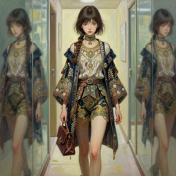 beautiful young girl in intricate clothing by artgerm, walking through a hallway by wlop, reflections, very high intricate details, painting, digital anime art, medium shot, mid - shot, wlop, ilya kuvshinov, artgerm, krenz cushart, greg rutkowski, sana takeda
