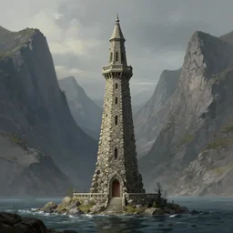 a lonely stone tower on a shore, between two mountain ranges, lonely tower, tower, tower, by alan lee, intricate, highly detailed, digital painting, artstation, concept art, smooth, sharp focus, illustration, vfx