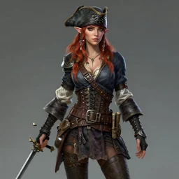 portrait of a female elven pirate, character design, correct anatomy, concept art, digital illustration, ray tracing, ultra detailed, fantasy, soft lighting, intricate and highly detailed, coloured with lots of colour, pose, fantasy, sharp focus,