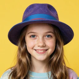 smiling girl with hat, by alex katz, close-up, colorful, yellow background