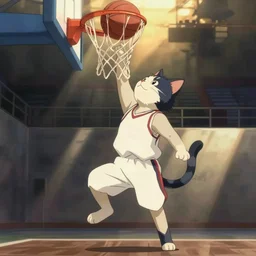 a cat dunking a basketball, screenshots from miyazake anime movie